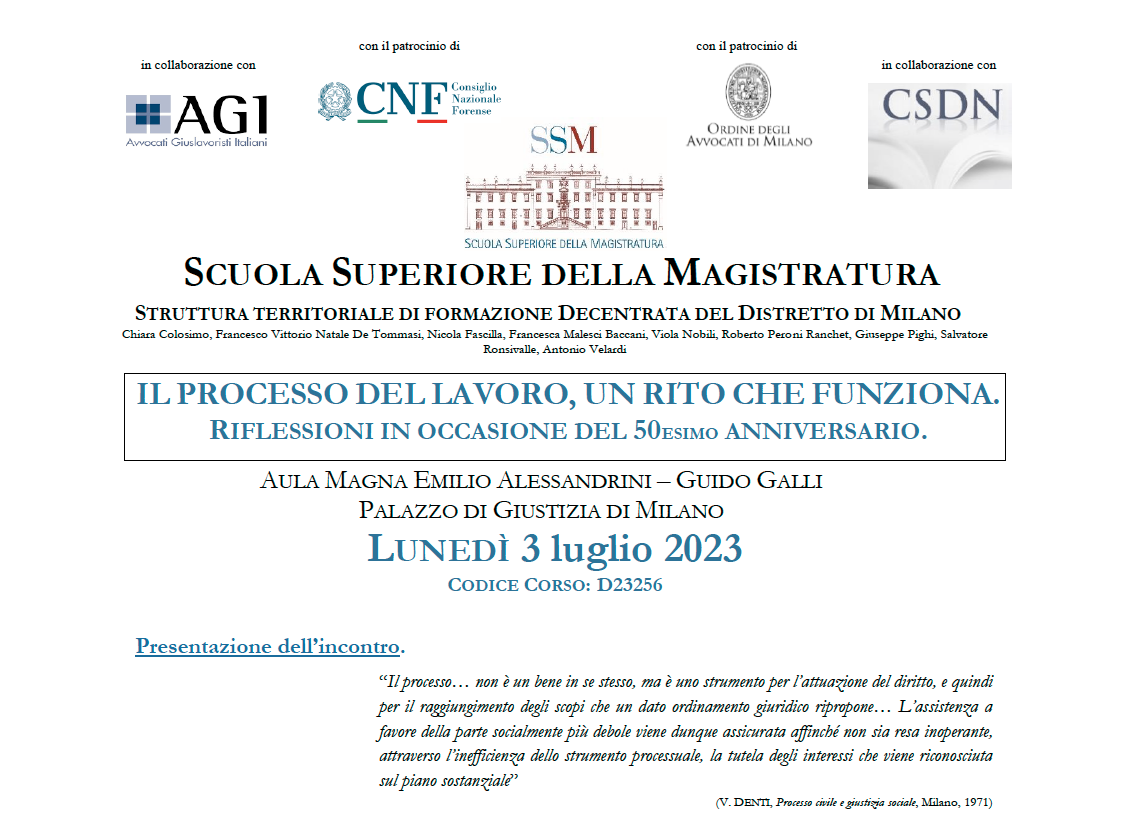 Convegno “IL PROCESSO DEL LAVORO, UN RITO CHE FUNZIONA. RIFLESSIONI IN OCCASIONE DEL 50ESIMO ANNIVERSARIO.”